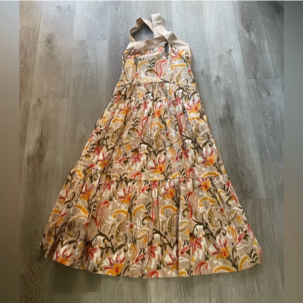 mon renn kindred tan print cut out halter neck linen blend tiered maxi dress new